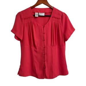 Vintage Kathy Che Coral Blouse With Pleated Detail & Sequin Trim - Size Small